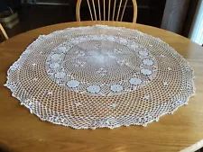 Vintage Hand Crocheted Table Topper Lace Rosette Cotton 33” X 36”