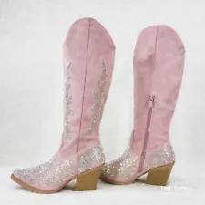 Annie Pink Leatherette With Rhinestones Country Glam Western Cowgirl Knee Boots