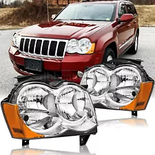 For 2008 2009 2010 Jeep Grand Cherokee Pair Chrome Housingd Halogen Headlights