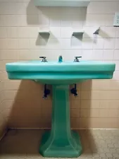 Antique Aqua Blue Green Porcelain Pedestal Art Deco Vintage Sink Kohler Bathroom