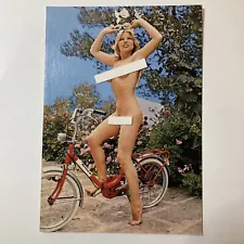 Vintage Postcard 1960s/1970s Risque Erotic Pin Up Topless Nude Blonde Bush Bike