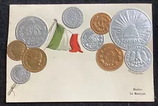 Vintage embossed Mexican coin postcard flag of Mexico gold silver coin