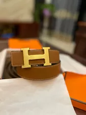 Hermès New Double-sided Men's Leather Belt Brown gold buckle 38/95