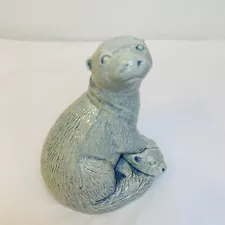 Mother Otter and Baby Pup Figurine Blue Gray Glaze Porcelain 4 1/4" Tall