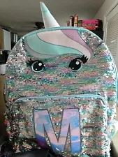 Justice Girls Unicorn Large Backpack Pastel Sequin INITIAL "M" 17" High GC