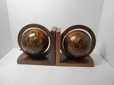 Vintage Wooden Old World Rotating Globe Bookends, Made In Italy