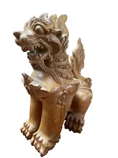 CHINESE CARVED WOODEN 10.5” HIGH BY 8” DETAILED FOO DOG OR TEMPLE LION STATUE