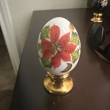 Vintage Fenton Handpainted Glass Poinsettia Egg Gold Pedestal Signed 1444/2500