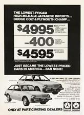 1982 Dodge Colt Plymouth Champ PRINT AD New Chrysler Corp Built by Mitsubishi