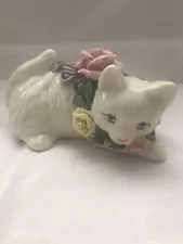 White Persian Kitten With Sculptured Pink Blue Yellow Roses Leaves and Ribbon