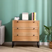 3 Drawers Chest of Drawers Dresser Wooden Natural Rattan Storage Cabinet Bedroom