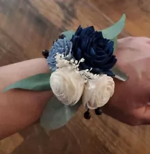 Navy Dusty Blue White Wrist or Pin Corsage Sola Wood Wedding Flowers Mother Prom