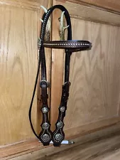 Caldwell Saddle Co. Leather Browband Headstall w/ Hansen Western Clovis Conchos