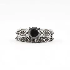 10k White Gold Round Black Diamond Engagement Ring Set in Size 5.25 (1.3 CTW)