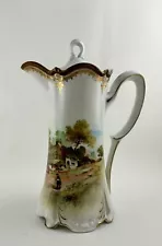 RS Prussia Antique Porcelain Chocolate Pot with Man Walking on Path Scene 9”