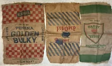 3 VINTAGE 100 & 50 LB BURLAP FEED SACKS SINGLE SIDED PURINA, HARDY 1940-50