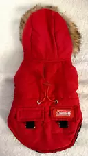 Coleman Red Black White Dog Parka Coat with Faux Fur Hood and Cinch Size XS VGC