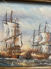 J. Harvey 3 Ships Battle @ Sea Signed Oil Painting On Board Small Framed 14”x12”