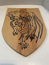 Vintage Wooden Dragon Crest Shield With Handles