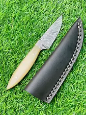 Damascus Rare Feather Pattern Thick Blade Bone Fishing Camping Outdoor EDC Knife