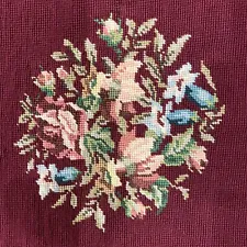 " COMPLETED Needlepoint Chair Seat Canvas Maroon FLORAL DESIGNS