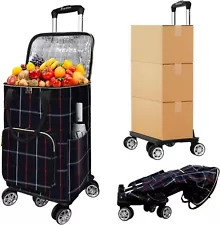 Honshine Shopping Cart for Groceries Foldable Cart on 5 Swivel Wheels Plaid NEW