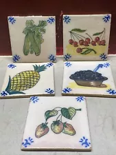 5 Antique Portugal Ceramic Tiles Fruit And Vegetables 5.5” Vintage Signed