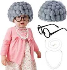 Baby Kids Wig Old Lady Granny Halloween Funny Blue Gray Hair 100th Day of School