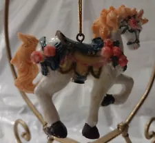 "New Glimmery White Prancing Carousel Horse w/Mixed Flowers & Orange Mane&Tail"