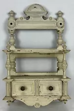 Antique Victorian Carved Painted Wood Hanging Wall Shelf & Drawers Curio Display