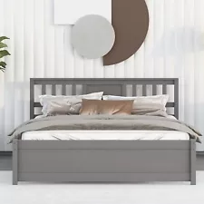 Queen Size Bed Frame with Headboard, Solid Wood Foundation with Wooden Slat S...