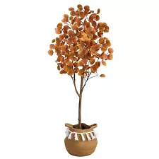 5ft. Artificial Autumn Eucalyptus Tree with Handmade Jute & Cotton Basket wit...