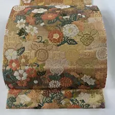 JAPANESE KIMONO BELT FUKURO OBI GOLD ROKUTSU-GARA PURE SILK EE3129