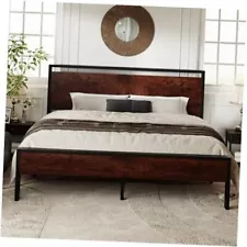 Size Platform Bed Frame with Wooden Headboard and Footboard, King Mahogany