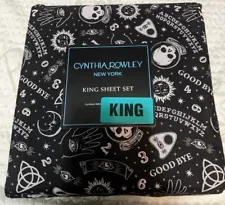 NWT Cynthia Rowley Black KING Sheet Set Ouija Board Skull Stars Moon Halloween