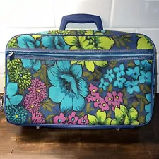 Vintage Bantam Flower Blue Retro Suitcase Luggage 60s Handbag With KEY Boho