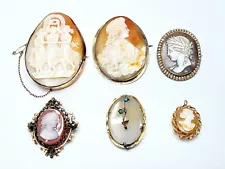 MIXED Gold Cameo Brooch Vintage Shell Lot of 6 Unstamped Three Graces Classical