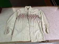 Vintage 1970s ENRO Shirt Men's LARGE Cream & Art Abstract Atomic Western Disco