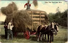 1910, FARMING, Thrashing Hay in Horse Drawn Wagon, SAND LAKE, Michigan Postcard