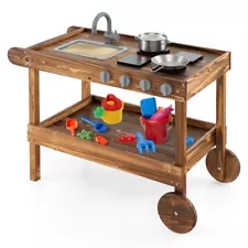 Outdoor Movable Mud Kitchen With Fir Wood Frame 2 Rolling Wheels and Push Handle