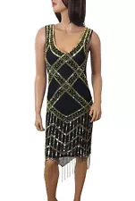 Women 1920's Gatsby Flapper Golden Fringe Deco Hem Embellished Dress Plus Size