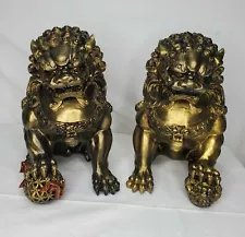 Vintage Foo Dogs Pair Gold Tone Resin Guardian Lions Statues Large Detail Set