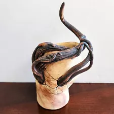 Rustic Sculpted Tree Branch Art Pottery Clay Pot Vase 9-1/2" Tall Cottage Decor