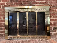 VTG Brass Fireplace Screen Glass Folding Accordion Doors with Metal Mesh