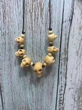 Rare Resin SKULL Heads Necklace Carved Teeth Look Creepy Estate Sale Find