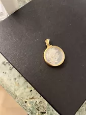 14k Yellow Gold Charm Pendant With Crushed Sea Shells Enclosed In Glass