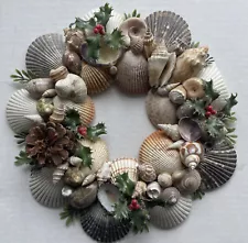 Seashell & Holly Wreath Natural Materials Seashore Nautical Ocean Beach 11"