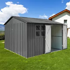 8x6 FT Outdoor Storage Shed with Windows, Tool Garden Metal Sheds with Lockab...