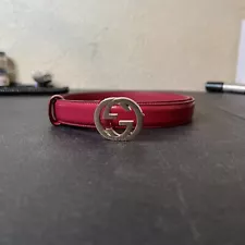 Authentic Gucci Red Calfskin Leather Silver Interlocking G Buckle Belt 43 1/2”