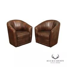 Natuzzi Pair of 'Mazaro' Brown Leather Swivel Club Chairs